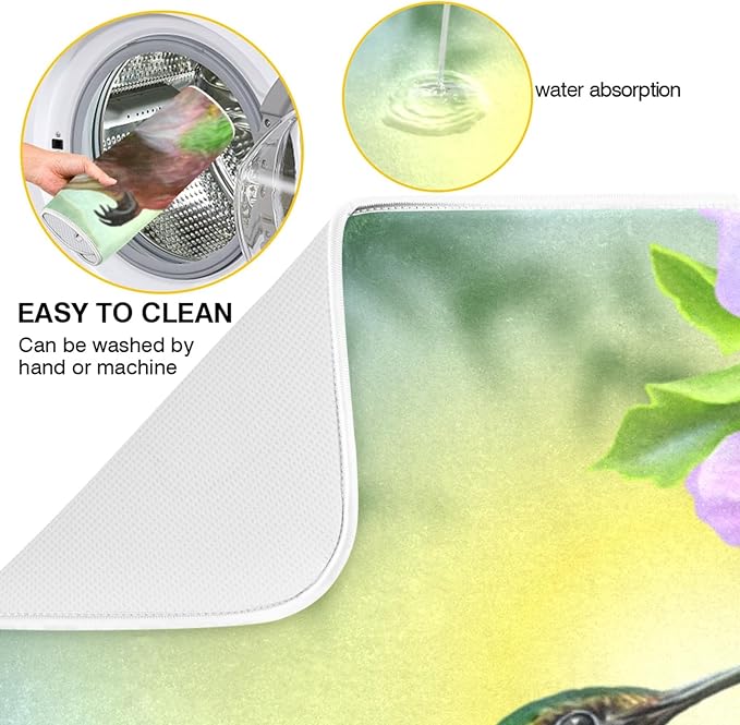 Tarity Hummingbird Flowers Dish Drying Mat for Kitchen Counter Absorbent Heat Resistant Microfiber Dishes Drainer Mat 18x24 in Large Dish Pad Sink Mat Protective Pad Kitchen Decor