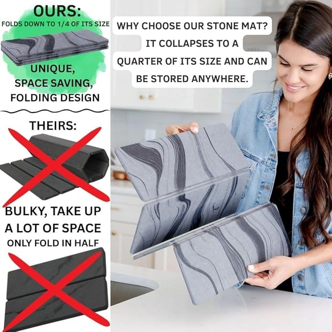 Large Stone Dish Drying Mat for Kitchen Counter | 23.5” L x 15.3” W Diatomaceous Earth Quick Drying Pad | Foldable & Super Absorbent Dish Drying Stone for Plates, Bottles & Utensils | Gray