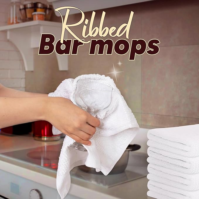 Avalon Towels Ribbed Bar Mop Towels (Value Pack of 12) Size 16"x19" – Absorbent and Durable, Multipurpose Cleaning Rags, Cotton Cleaning Towels, Terry Cloth Rags, Reusable Shop Rags