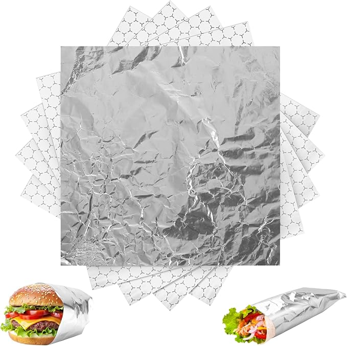 120 Packs Insulated Foil Sandwich Wrap Sheets 12"x12" Pre-Cut Aluminum Foil Sheets Sandwich Wrapping Paper Greaseproof Waterproof Burger Wrappers for Sandwiches Burritos Hamburger Hot Dogs BBQ