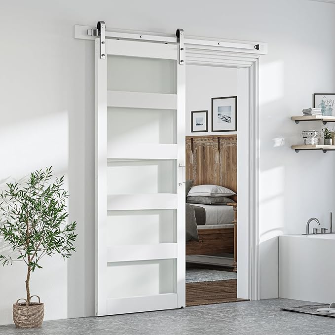 SmartStandard 36 x 84 inch Glass Barn Door with 6.6FT Brushed Nickel Sliding Hardware Kit & Handle, Pre-Drilled Ready to Assemble, Waterproof PVC Coating, White, 5-Panel Glass