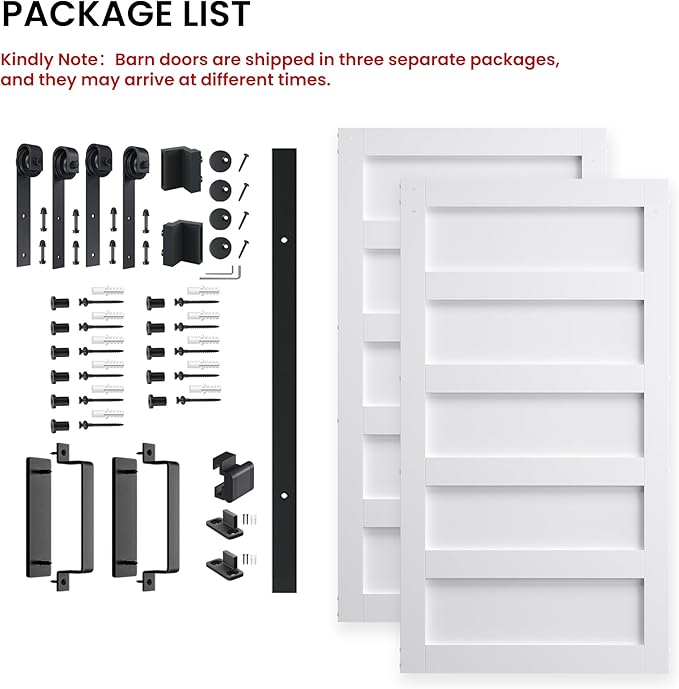 Double 42" x 96" White Barn Door with 14FT Sliding Door Hardware Kit Included, 5-Panel, Assemblely Needed, Waterproof PVC Surface, Max Opening 82in x 94in
