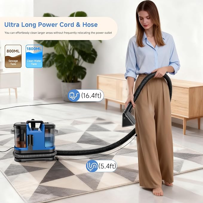 Portable Carpet & Upholstery Cleaner Machine, Handheld Spot Cleaner with Dual Brush, 18KPa Suction, Large Removable Tank for Couch, Car, Stairs, Rugs & Pet Stains, Blue