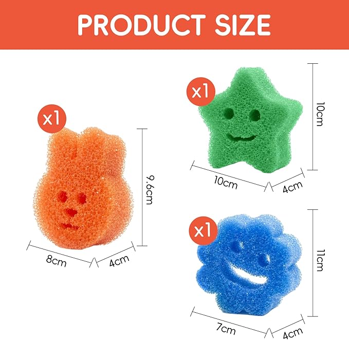 3pcs Functional Scrub Sponges Set, Dad Mom Daily Scrub Sponge Cute Animal Smile Happy Household Cleaning Pads, Scratch Free, Firm in Cold and Soft in Warm