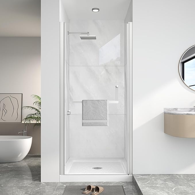 KPUY Pivot Shower Door, 36-38" W x 72" H Frameless Single Swing Glass Shower Door with Explosion-Proof Film Nano Coating, 1/4" (6mm) Thick Tempered Clear Glass, Brushed Nickel