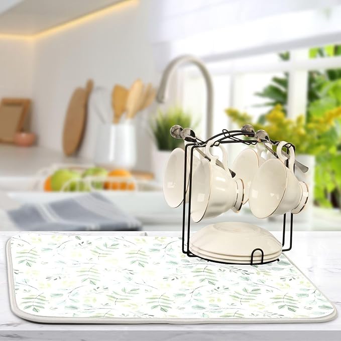 Eucalyptus Leaves Dish Drying Mat for Kitchen Countertop 18x24 Green Large Drying Mat Reusable Quick Dry Dish Sink Mats Easy Clean Decorative Essentials