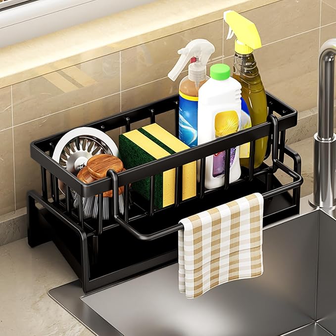 Kitchen Sink Organizer with Drain Tray, Sponge Holder, Brush Storage, Auto-Drying Rack for Dish Soap, Cleaning Tools, Countertop or Sink Caddy for Kitchen Decor