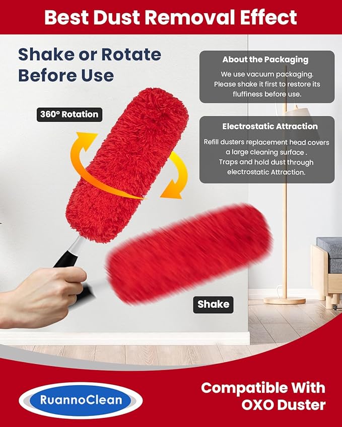 Microfiber Duster Refills Compatible with OXO Good Grips Hand Duster, Reusable Dusters Refill Washable Head Replacement for OXO Extendable Dusters for Cleaning -4 Pack, Red