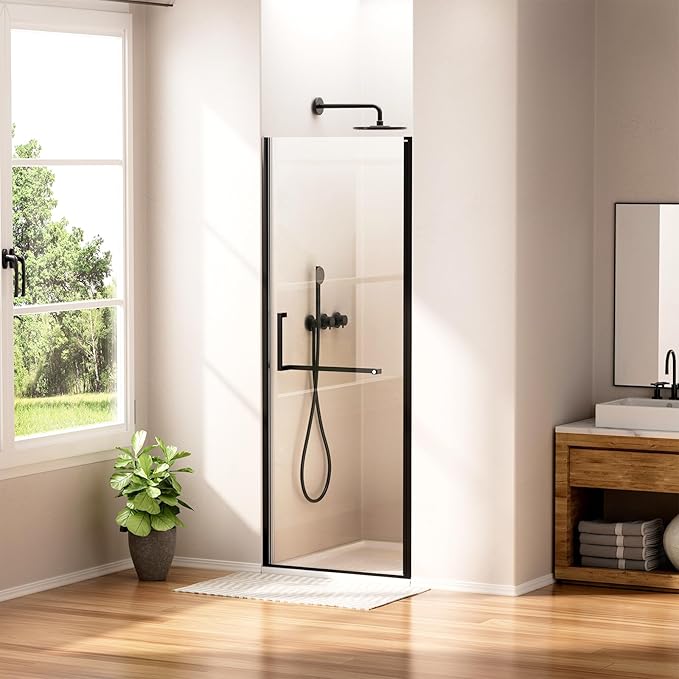 WinZo 27-28" W ×72" H Frameless Pivot Shower Door, Pivot Swing Shower Glass Doors with 1/4"(6mm) SGCC Clear Tempered Glass,Explosion-Proof Film, Reversible Installation, Matte Black