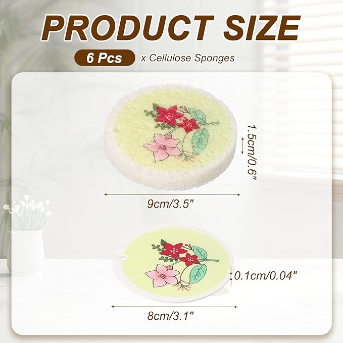 uxcell 6Pcs Cellulose Sponges, Round Kitchen Clean Sponges Non-Scratch Compressed Dish Scrubber with Floral Pattern for Kitchen Household Cookware Bathroom Cleaning & DIY, Light Green