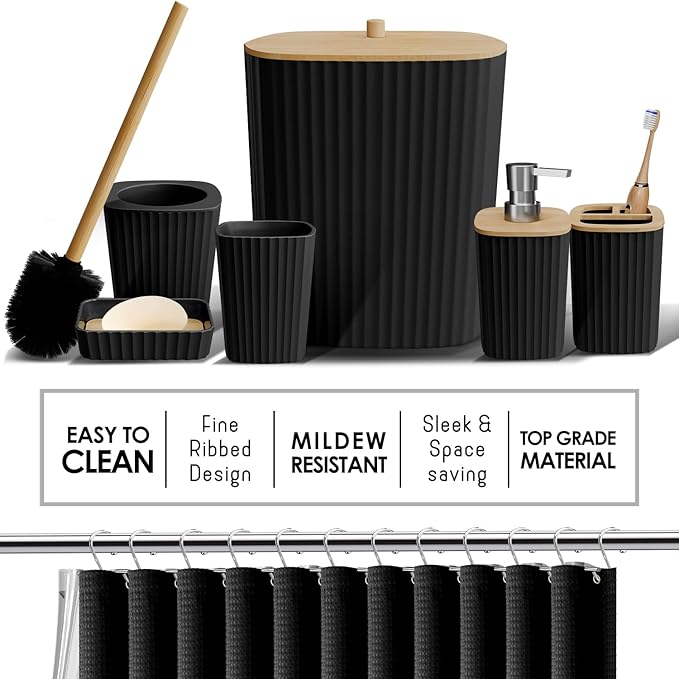 Clara Clark Bathroom Accessories Set - 27PC Bathroom Set with Adhesive Corner Shower Caddy Hanging, Bathroom Sets with Shower Curtain and Rugs, Black Shower Curtain Set with Bathroom Trash Can