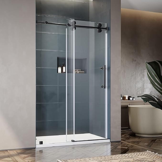 46-49 Inch x 76 Inch Sliding Frameless Shower Door, 3/8" Tempered Glass with Easy-Cleaning Coating, Stainless Steel Rollers & SGCC-Certified Stability, Matte Black