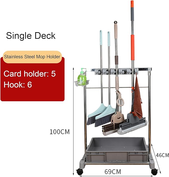 Movable Commercial Mop Rack,Floor Standing Cleaning Tool Cart Storage,Mop and Broom Garden Tool Holder,Housekeeping Cart, Umbrella Stand,Double Deck Stainless Steel Bracket,can Put Wet Mop (Color :