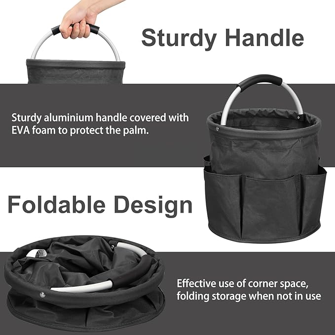 Qivine Cleaning Caddy for Cleaning Supplies, 17L Cleaning Supply Caddy with Handle Foldable Cleaning Supplies Organizer Bucket Tool Bag Organizer Cleaning Products Organizers for Home, Garden (Black)