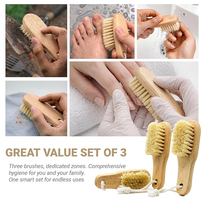 Wood Nail Brush with Hanging Hole, Fingernail Brushes for Cleaning Under Nails, Small Nail Cleaning Brush Set with Firm Sisal Bristles, 3Pack of Wooden Nail Scrubbers(Yellow)