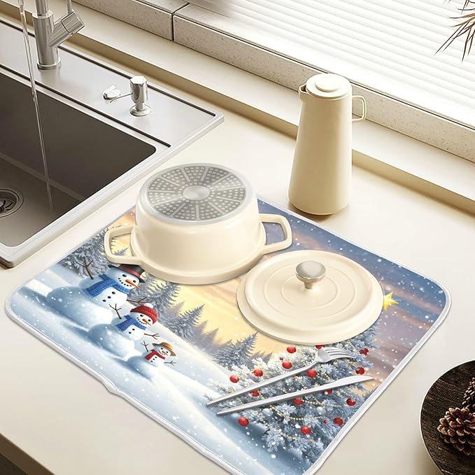 Christmas Tree and Snowman Dish Drying Mat for Kitchen Counter Absorbent Microfiber Small Winter Snowflakes Drying Pad Dish Mats for Kitchen Countertops 16 x 18 Inch