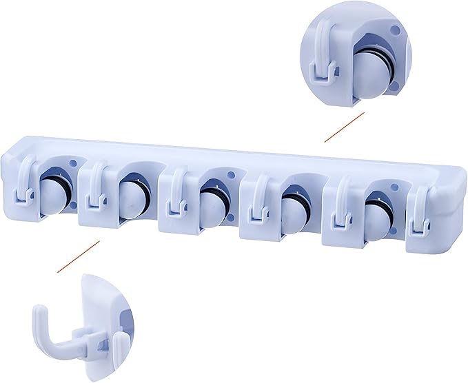 Superio Mop and Broom Holder Wall Mount White (2 Pack) Cleaning Tools Wall Organizer, 5 Rack Slots and 6 Hooks for Kitchen Closet Garage Garden and Office.