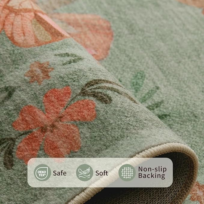 3x5 Rug for Entryway Bedroom, Green 3x5 Washable Area Rug, Floral Vintage Retro Boho Throw Rug, Non Slip & Low Pile Small Carpet for Indoor Kitchen, Bedside, Living Room, Bathroom and Dining