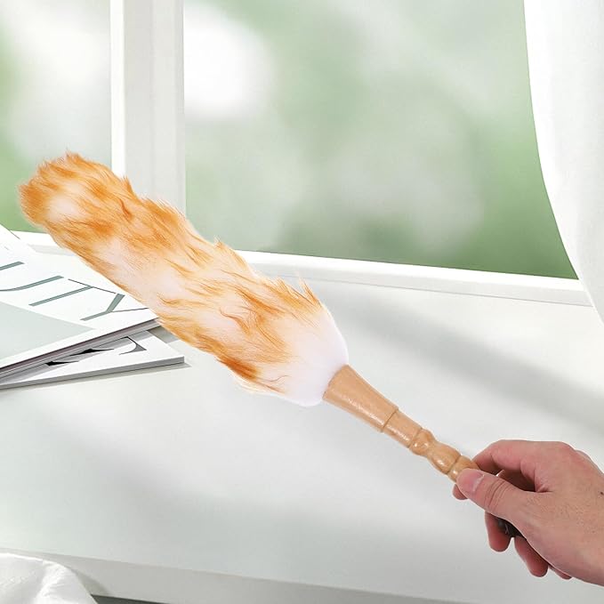 Garneck Lambswool Desk Duster with Flexible Wooden Handle Soft Wool Dust Brush for Furniture and Car Interior Cleaning Lightweight Portable Dusting Tool for Office Desk and Bedroom
