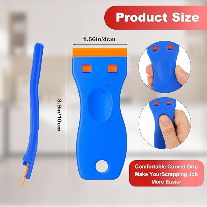 Razor Blade Scraper with 2 Pcs Plastic Scraper, Scraper Tool for Cooktop, Oven, Stove, Labels Decal, Plastic Blades for Clean Glass Window, Scraper Buit-In Blade torage, Upgraded Lock Mechanism,Gray