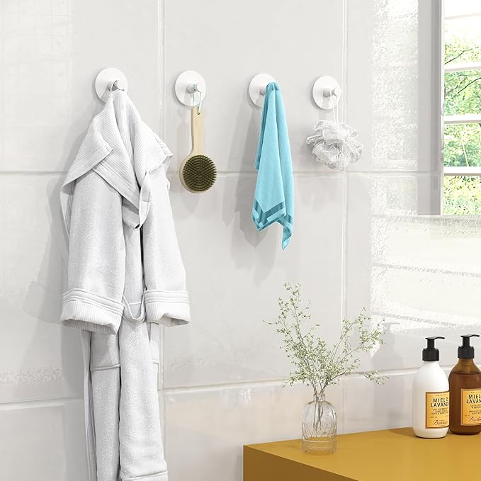 Adhesive Hooks for Walls No Damage 4 PCS, Heavy Duty Aluminum Strong Adhesive Towel Hooks for Bathrooms for Inside Shower for Hanging Loofah, Clothes, Robes