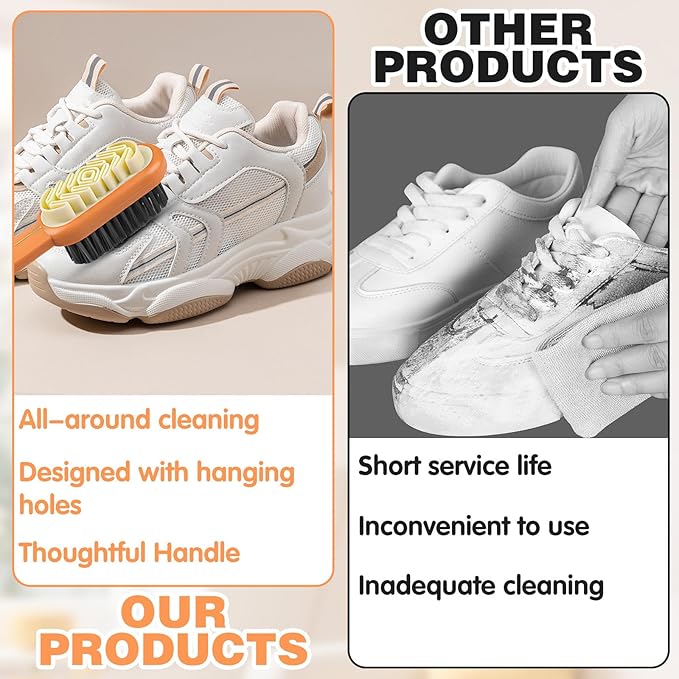 2-in-1 Orange Shoe Brush, Lazy Shoe Brush All-Round Cleaning Tool Soft Plastic Bristles Designed with an Extra-Long Handle, 360° Thorough Cleaning for Suede & Nubuck Cleaning