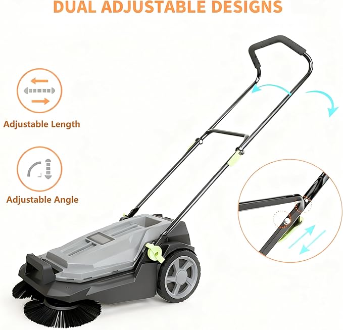 Manual Walk-Behind Floor Sweeper - 25.6" Wide Sweeping Path, 5-Gallon Waste Container, Adjustable Foldable Handle for Yard/Garage/Patio