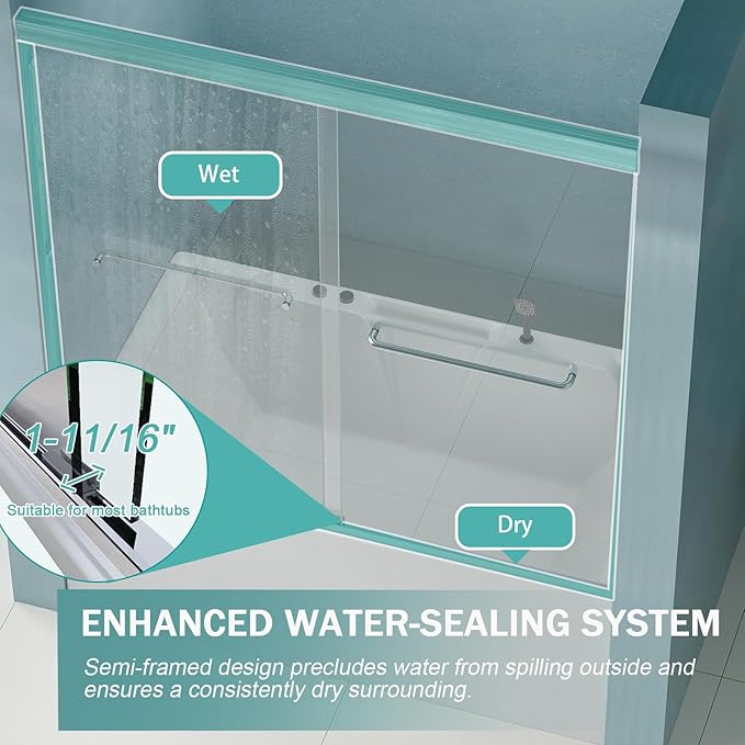 56"-60" Adjustable Width Double Sliding Shower Door - Semi-Frameless Bathtub Enclosure with Tempered Glass, Brushed Nickel Aluminum Frame, Easy DIY Installation for Standard Tubs