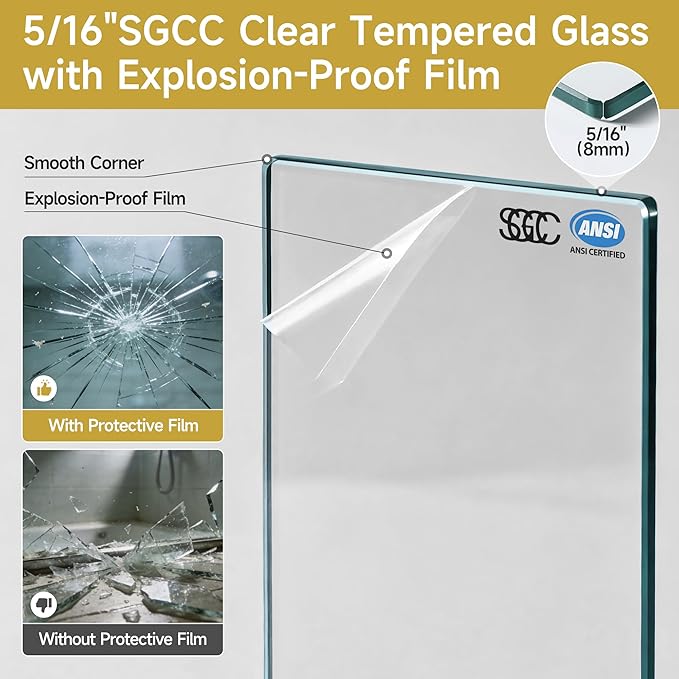 56-60" W x 75" H Shower Glass Door, Frameless Sliding Shower Door, 5/16"(8mm) Tempered Glass Shower Doors for Walk in Shower with Explosion-Proof Film, Brushed Gold Stainless Steel Hardware