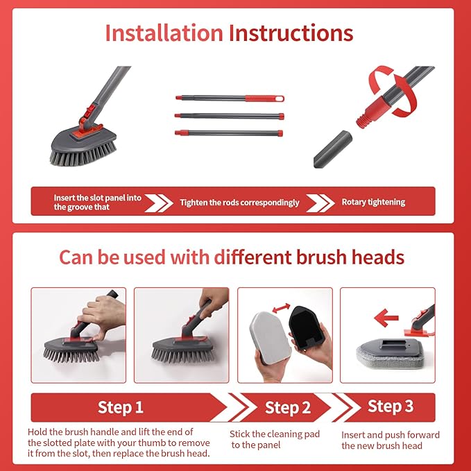 Tile Tub Scrubber Brush No Scratch with 4 Different Function Cleaning Heads and 51" Long Handle- Shower Scrubber for Cleaning Bathroom Kitchen Toilet Wall,Bathtub,Sink，Floors, Walls, mats, Ceilings