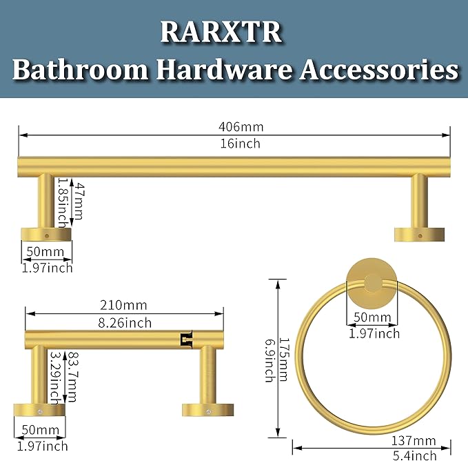3pc Bathroom Hardware Set with Brushed Brass Toilet Paper Holder & Towel Ring & Towel Bar SUS304 Stainless Steel Toilet Paper Roll Holder Wall Mount & Bathroom Towel Holder & Towel Rack Set