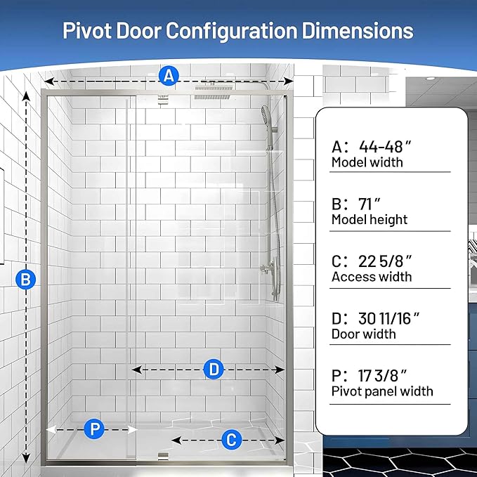 Pivot Glass Shower Door, 44-48" W x 71" H, 1/4"(6mm) Clear SGCC Tempered Glass, Brushed Nickel Finish, Magnetic Closure, Reversible Installation