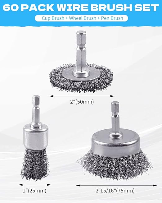 60 Pack Rocaris Carbon Steel Wire Wheel Brush Set - Cup, Wheel, and Pen Brushes With 1/4-Inch Hex Shank for Rust Removal, Corrosion and Scrub Surfaces