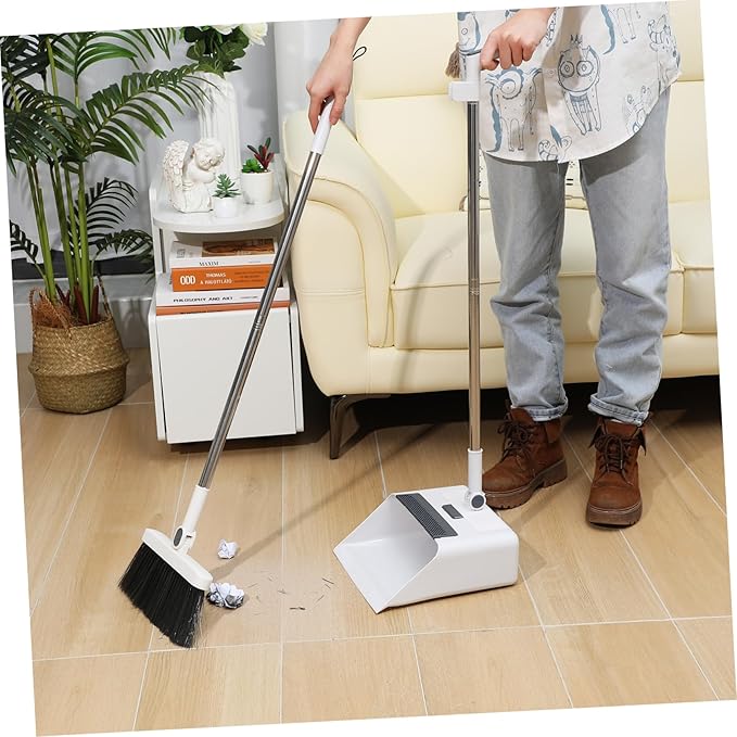 GLEAVI Broom and Dustpan Set 3 in 1 Long Handle Broom with Standing Dustpan Compact Folding Dust Pan Set for Indoor and Outdoor Cleaning