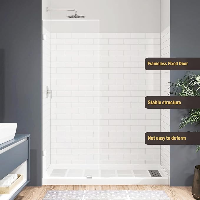 28" W x 78" H Frameless Shower Glass Panel, Single Fixed Shower Panel Screen with Clamps, 5/16"(8mm) Clear Tempered Glass, Bathroom Shower Doors Fixed Shower Glass Door Panel in Polished Chrome Finish