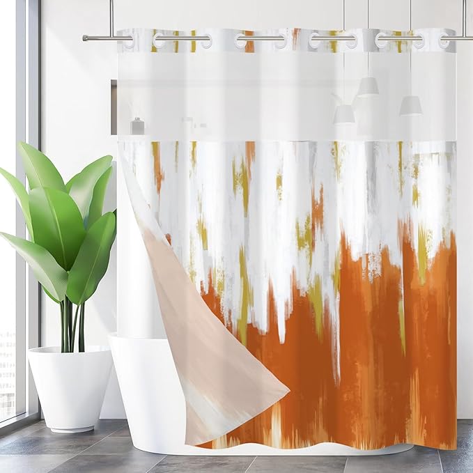 No Hook Shower Curtain with Snap in Liner, Hotel Style Burnt Orange White Gold Brush Strokes Art Modern Shower Curtain Waterpoof Washable with See Through Top Window,71"x86"