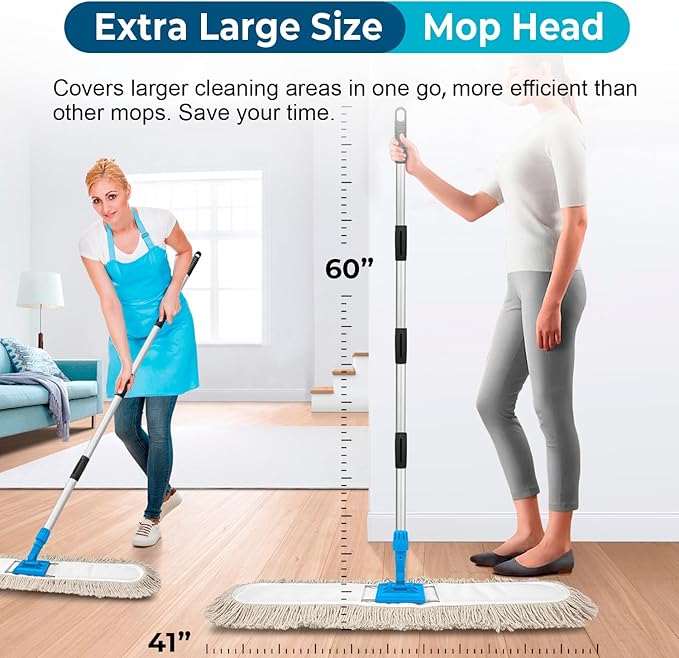 41” Commercial Dust Mop for Floor Cleaning, Industrial Dry Mop with Heavy Duty Long Handle, Large Cotton Reusable mop Head, for Cleaning Office Garage Hardwood Warehouse Factory Mall