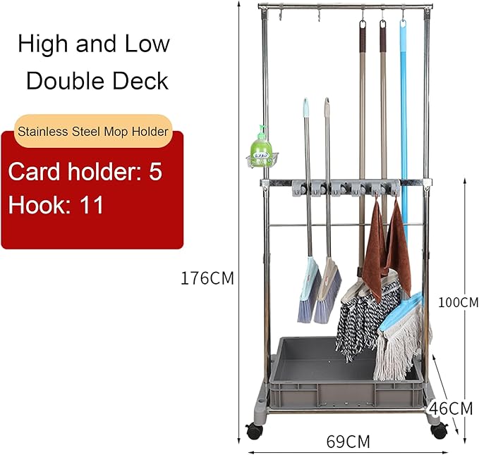 Movable Commercial Mop Rack,Floor Standing Cleaning Tool Cart Storage,Mop and Broom Garden Tool Holder,Housekeeping Cart, Umbrella Stand,Double Deck Stainless Steel Bracket,can Put Wet Mop (Color :