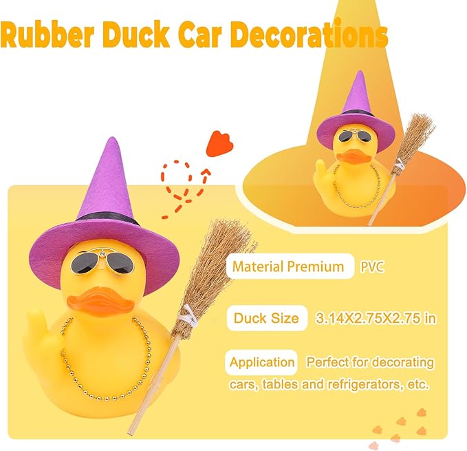 Halloween 3.15" Fun Rubber Duck Witch Duck Car Dashboard Decorations Halloween Witch Hat Broom Sunglasses Necklace for Car Home for Office Accessories
