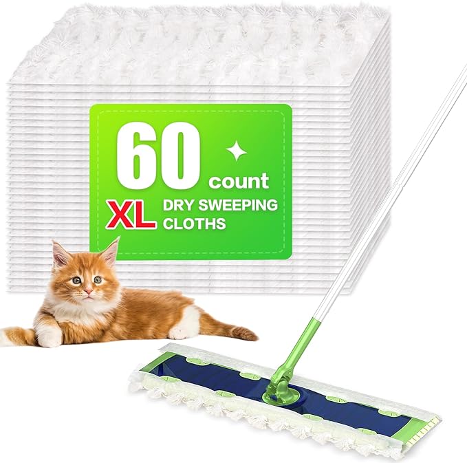 XL Heavy Duty Dry Sweeping Cloths Compatible with Sweeper Mop, Microfiber Duster Mop Pads Refills for Cleaning Hardwood Floor Dust and Pet Hair, Disposable (60 Count)
