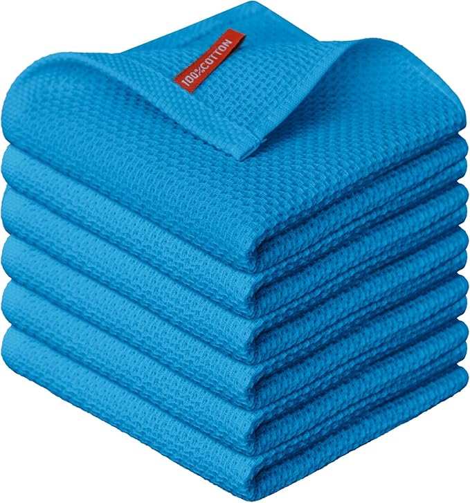 Artoid Mode 100% Cotton Sky Blue Waffle Weave Kitchen Dish Cloths, 12x12 Inch Ultra Soft Absorbent Quick Drying Kitchen Dish Towels Set of 6