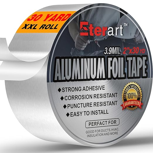 Aluminum Foil Duct Tape Heavy Duty,High Temperature Sealing and Patching,for HVAC,Air Ducts,Metal Repair, Foamboard,Insulation,Dryer Vent and More,2 Inch x 30 Yards,Silver