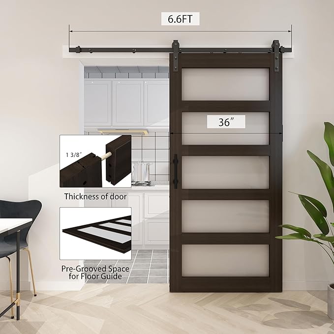 BARNSMITH 36in x 84in Glass Barn Door with 6.6FT Sliding Door Hardware Kit Included & Handle,5-Panel Frosted Glass Solid Wood Slab with Water-Proof PVC Surface,Pre-Drilled Easy Assembly,Brown