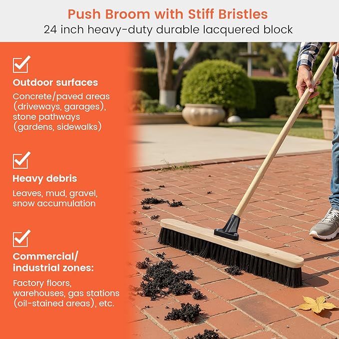ALANNG 24” Push Brooms for Indoor and Outdoor, Heavy Duty Broom for Sweeping with 61” Wood Handle, Soft Bristle and Stiff Bristle Broom Set for Shop, Garage