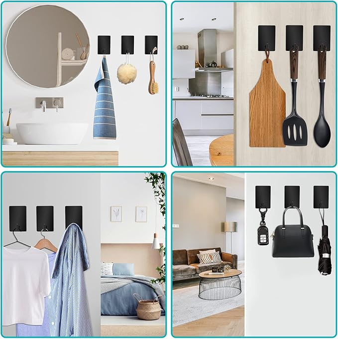 Adhesive Hooks Heavy Duty, Stainless Steel Self Adhesive Wall Hooks, Sticky Towel Hangers for Kitchen Bathroom, Waterproof Stick on Door Hooks for Hanging Robe Key Hat Coat(4Pack-Short(Black))