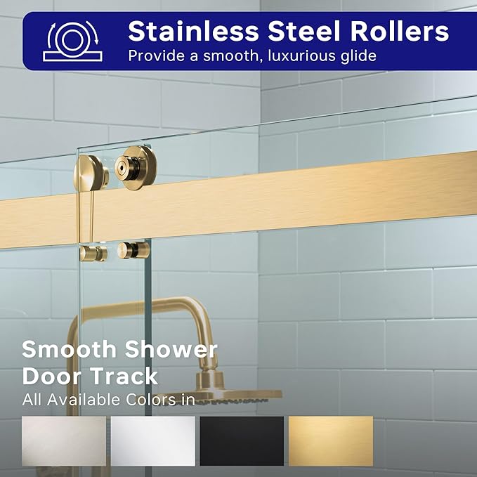 Woodbridge Frameless Shower Doors 56-60" Width x 76" Height with 5/16"(8mm) Clear Tempered Glass, 2 Ways Opening & Double Sliding in Brushed Gold Finish
