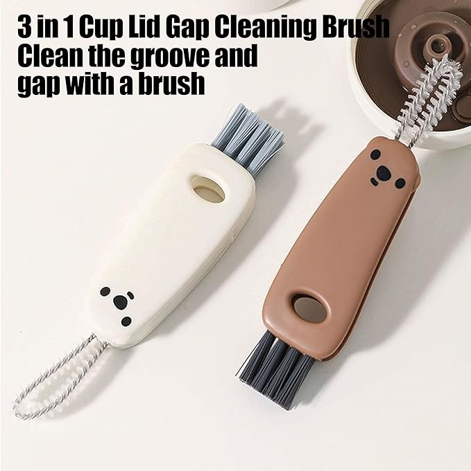 3 in 1 Cup Lid Gap Cleaning Brush Multifunctional Bottle Cleaning Brush for Water Bottle Cup Lid Gap for Gaps of Various Containers (Brown White（Bear）)