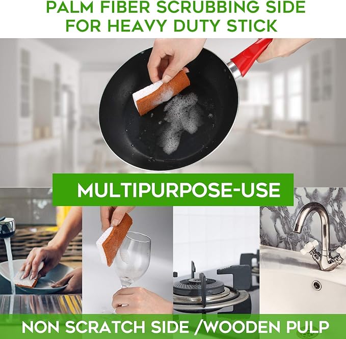 Natural Plant Based Scrub Sponge 12 Pack, Palm Fiber Scrubbing Sponge with Non Scratch Biodegradable Compostable Sponges,Long Lasting No Smell Dishwashing Kitchen Scrubber
