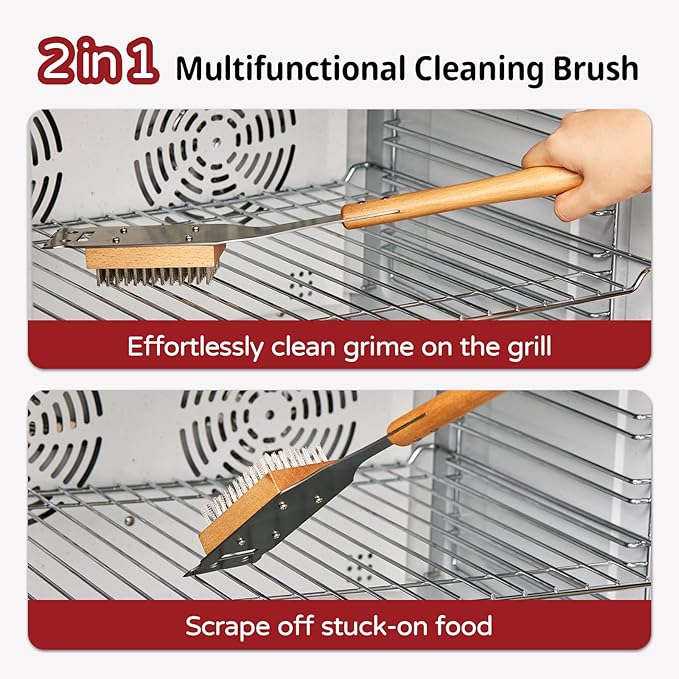 Pizza Oven Brush, 16.9 Inch Grill Cleaning Brush with Scraper, Stainless Steel Bristles with Beech Wood Handle, 2 in 1 Pizza Stones Brush, Ourdoor Pizza Oven Accessories, Heat Resistant