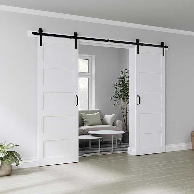 Double 32" x 84" White Barn Door with 11FT Sliding Door Hardware Kit Included, 5-Panel, Assemblely Needed, Waterproof PVC Surface, Max Opening 62in x 82in